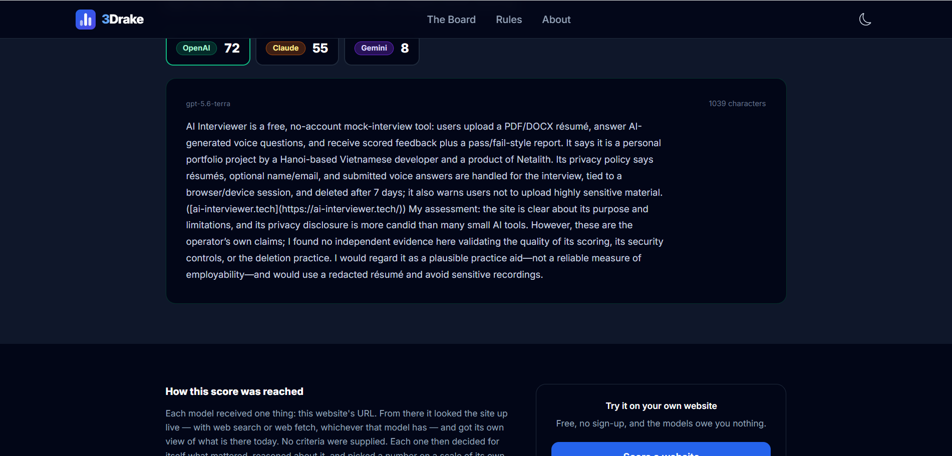 3Drake result page showing three AI models giving the same website three very different scores and reviews