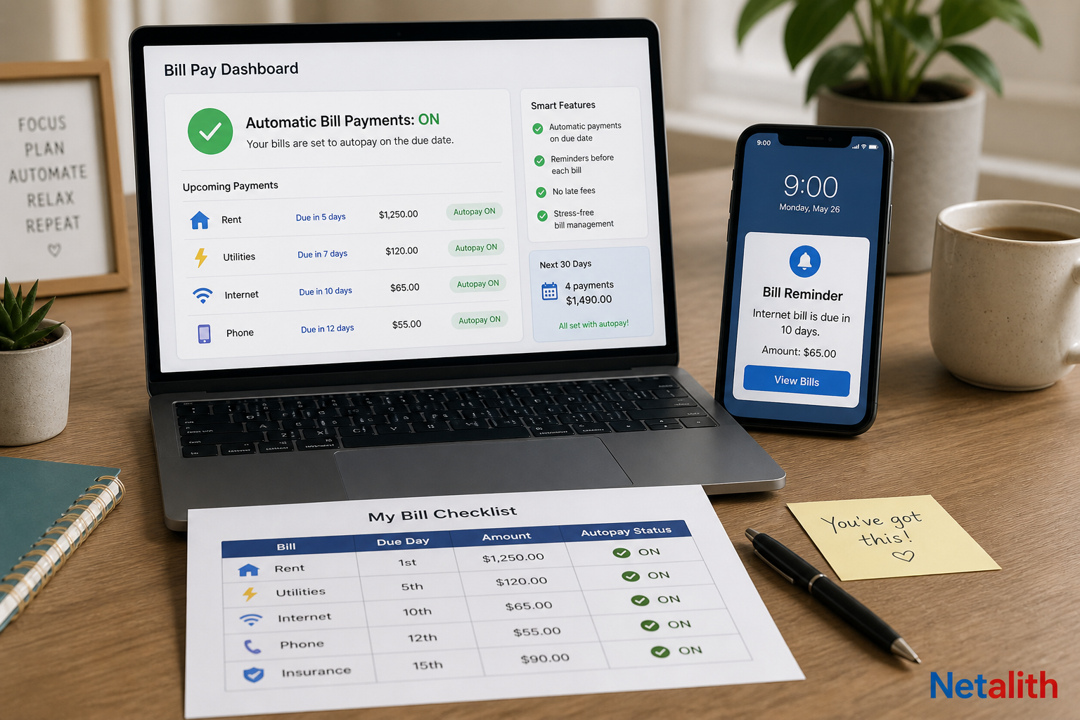 ADHD-friendly bill payment system showing autopay, reminders, and a visible due-date checklist