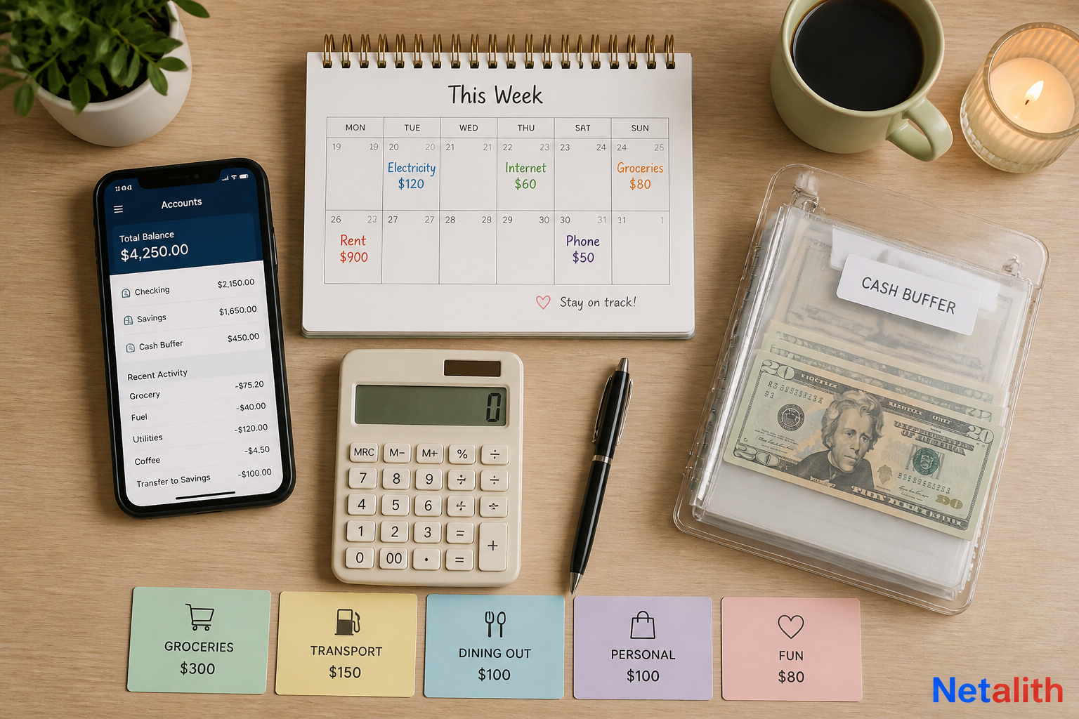 Simple weekly cash flow review showing income, upcoming bills, available spending money, and account buffer
