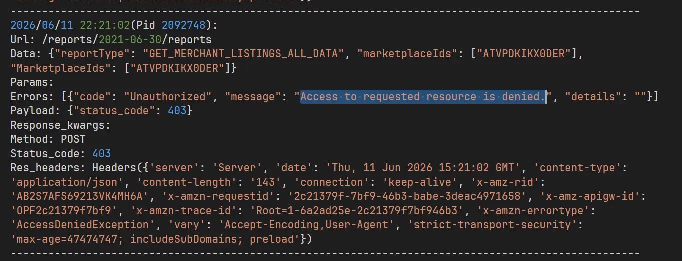 Amazon SP-API 403 response with AccessDeniedException and message access to requested resource is denied