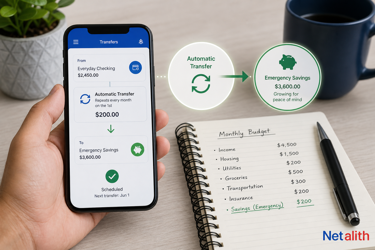 Separate emergency savings account receiving an automatic monthly transfer