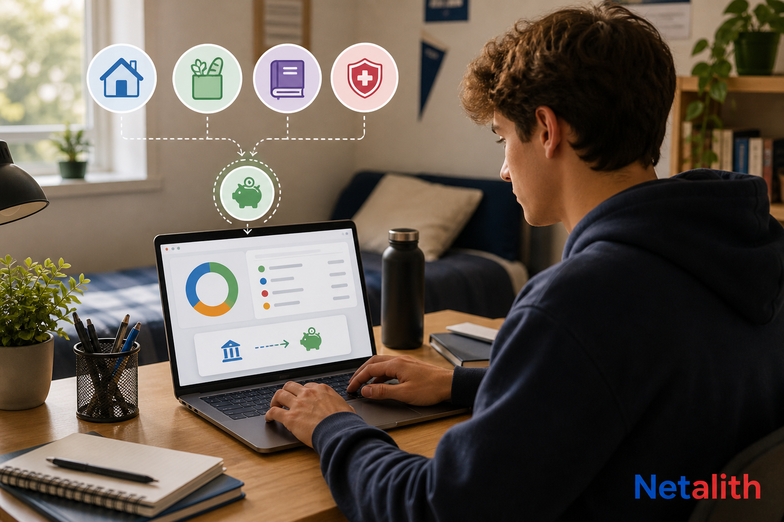 College student setting up an automatic savings transfer in a budgeting app