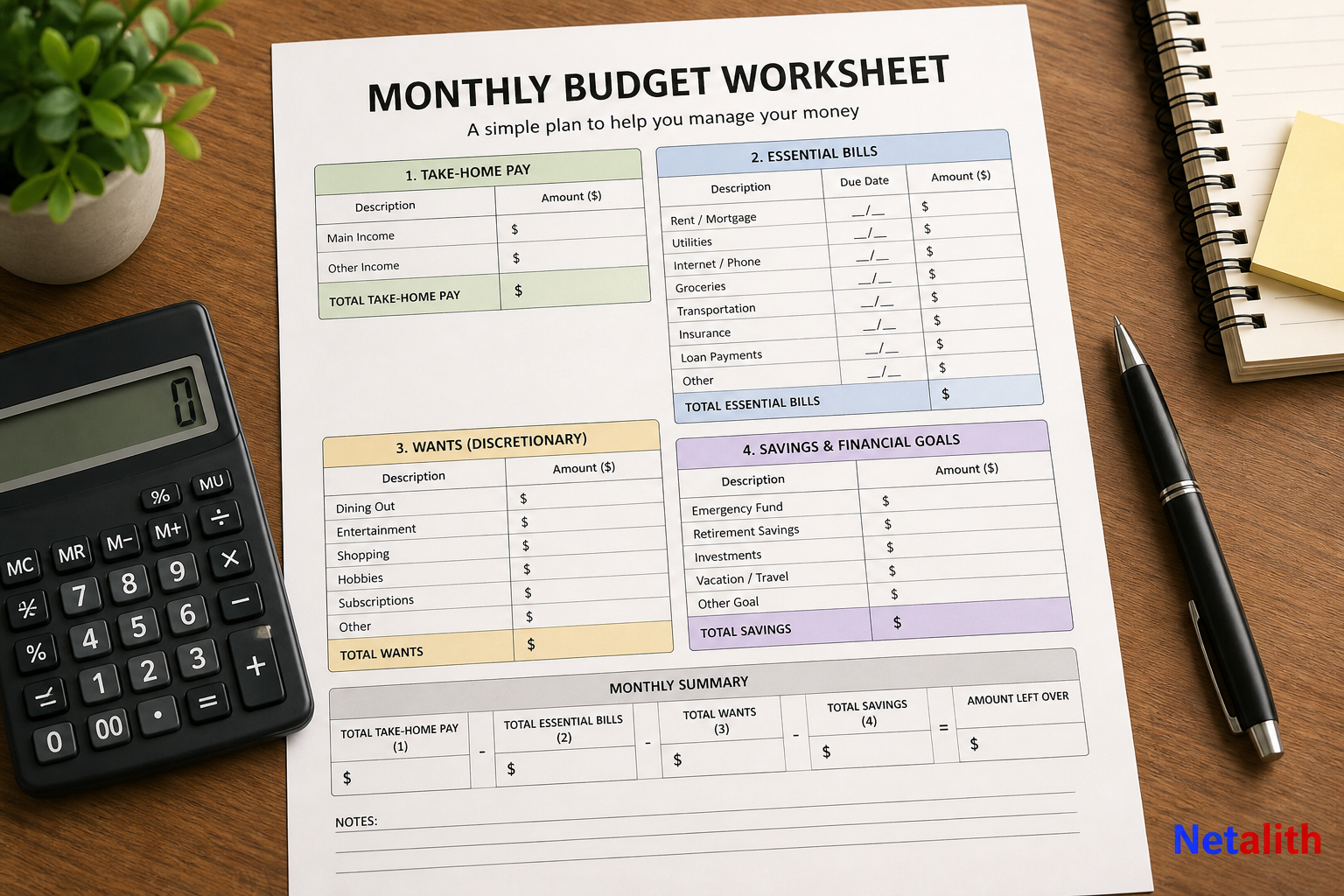 Monthly budget worksheet showing take-home pay, essential bills, wants, and savings categories