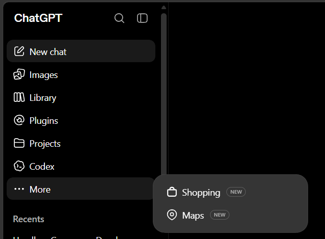 ChatGPT sidebar showing the new Shopping feature entry under the More menu