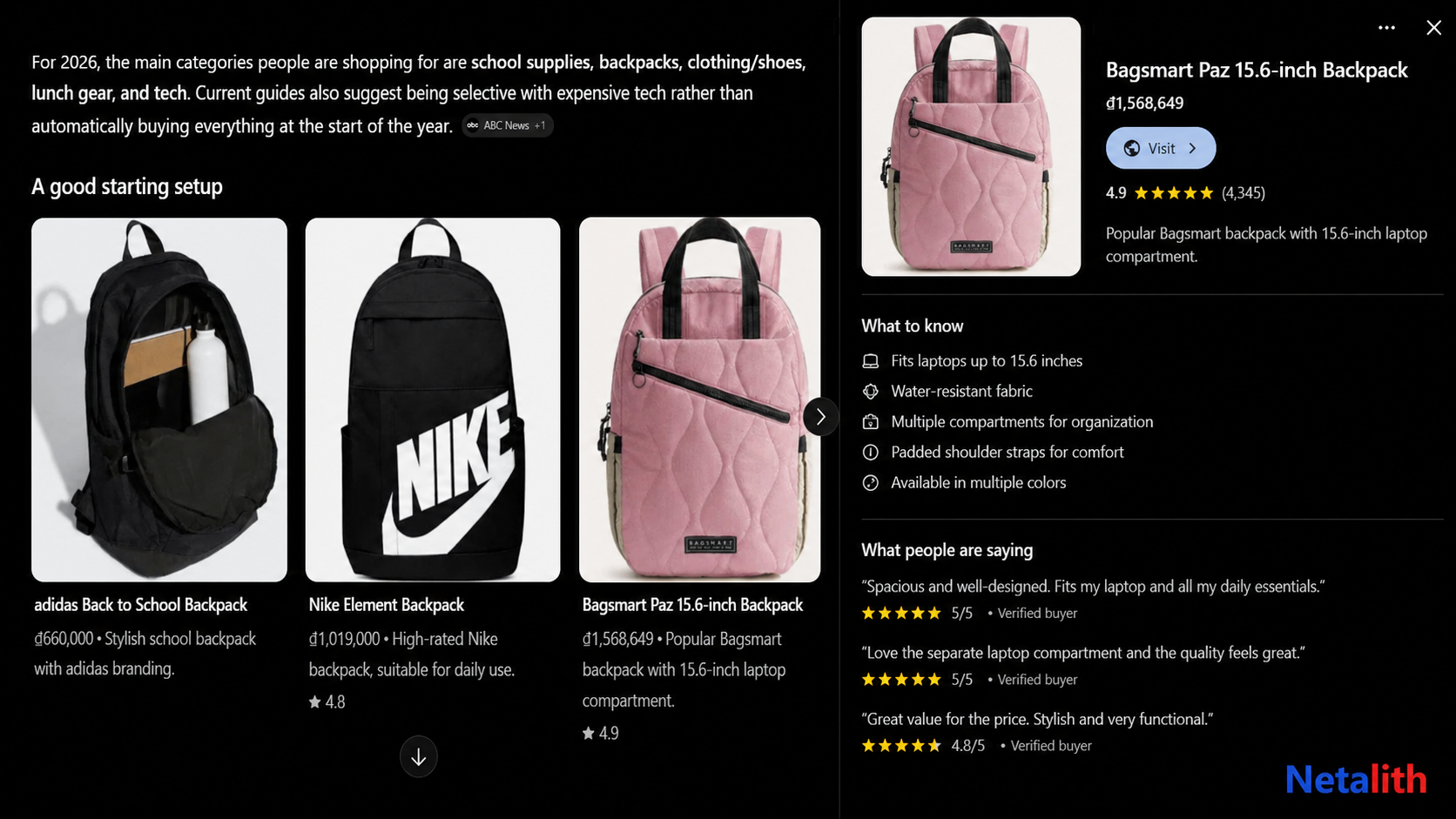 ChatGPT shopping result showing recommended products with ratings, reviews, and a Visit button