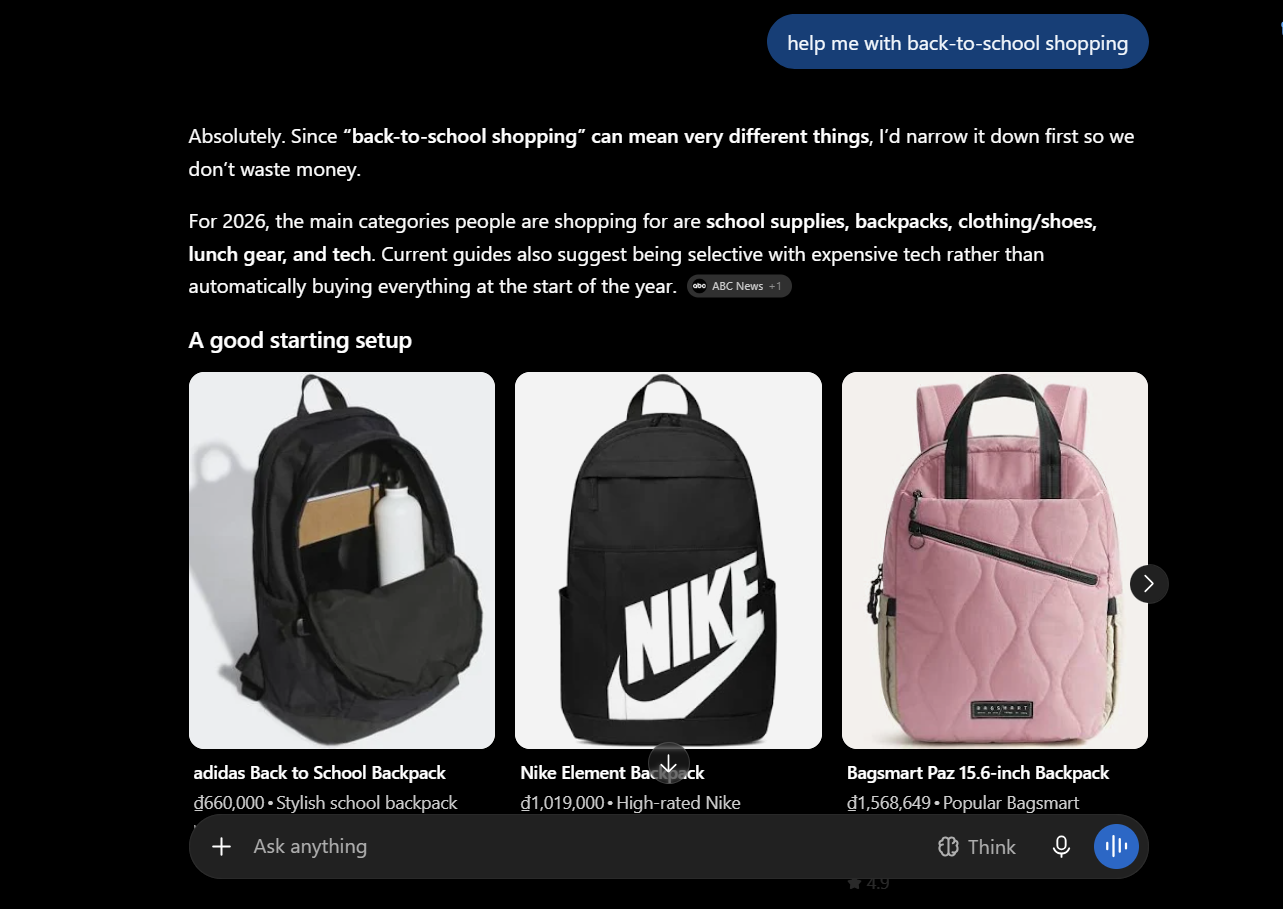 ChatGPT returning a product carousel with prices, ratings, and a Buy button for Instant Checkout