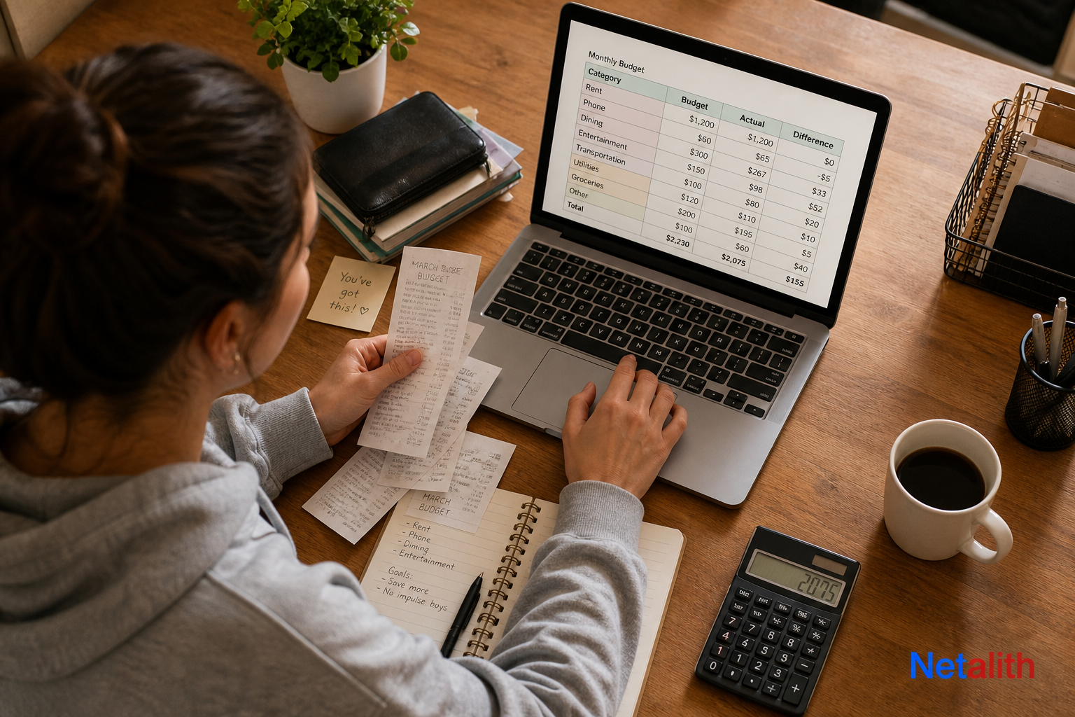 College student recording purchases in a spending tracker divided into fixed and variable expenses