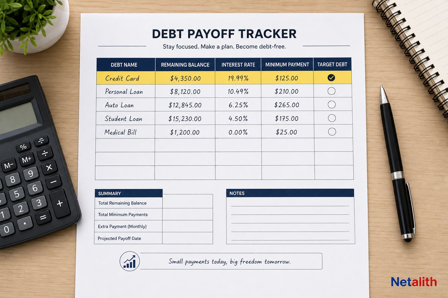 Debt payoff plan worksheet listing balances, interest rates, minimum payments, and target debt