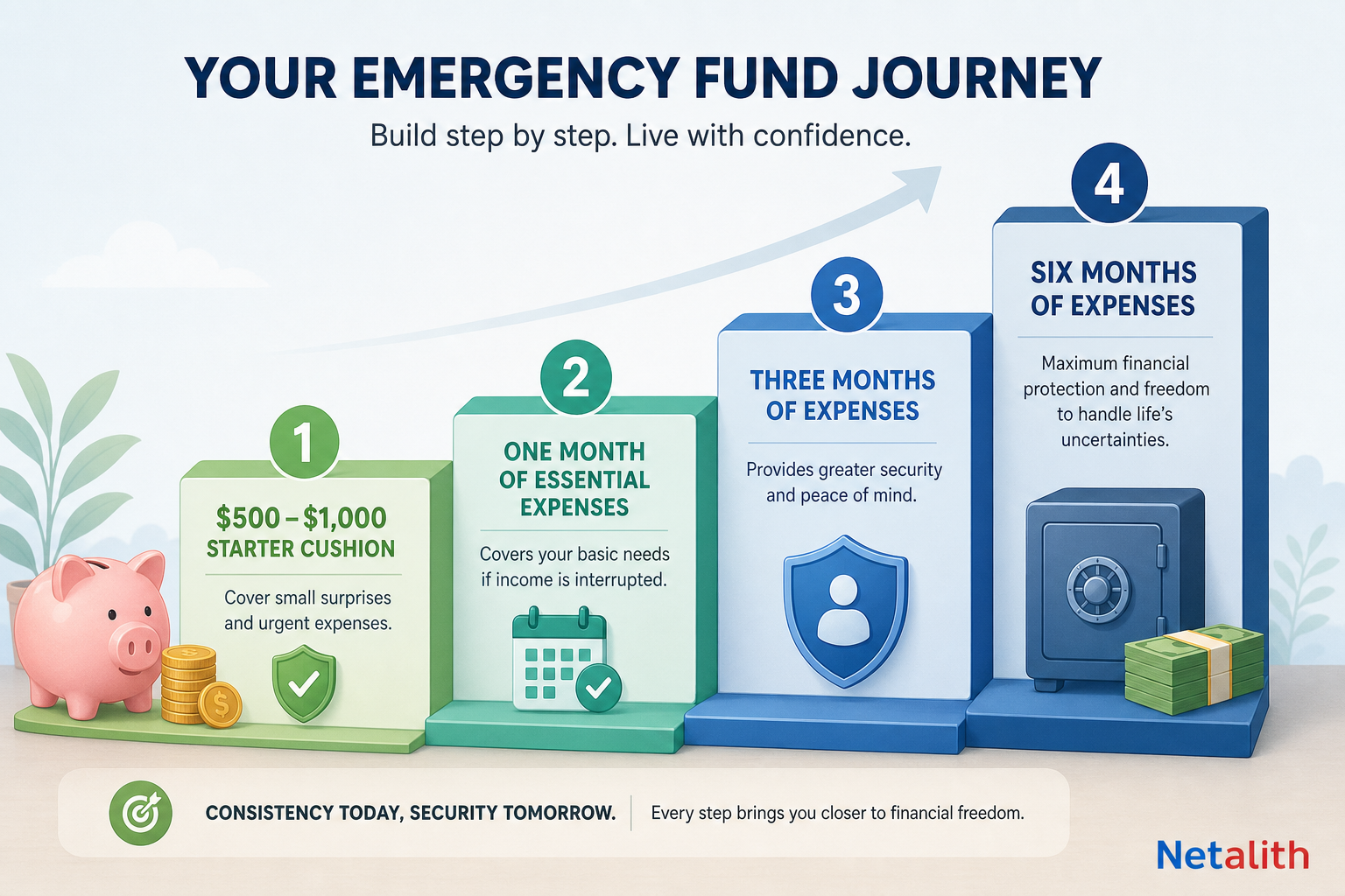 Emergency fund savings ladder from a $500 starter cushion to three to six months of expenses