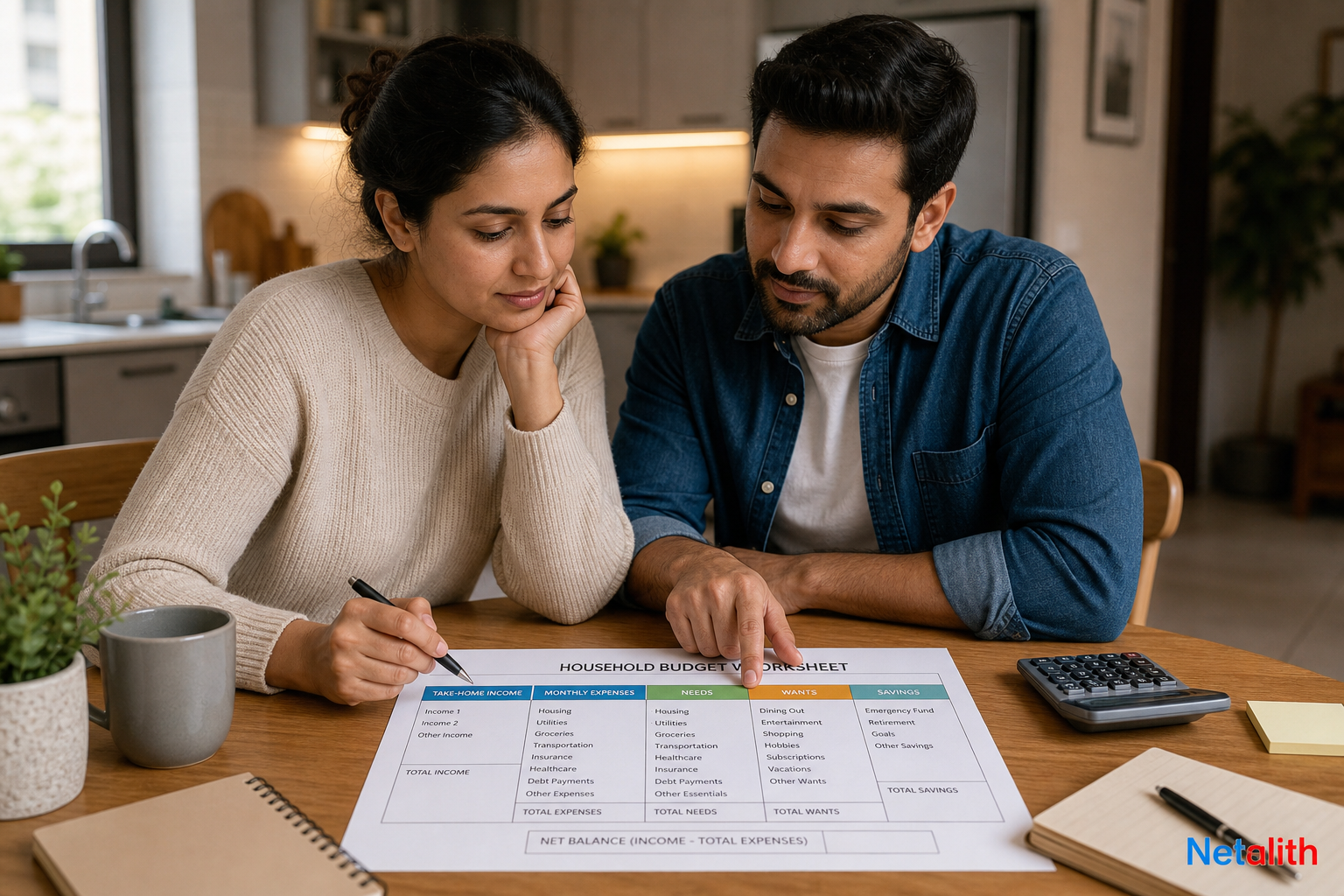 Family reviewing a household budget worksheet with income, expenses, and savings goals