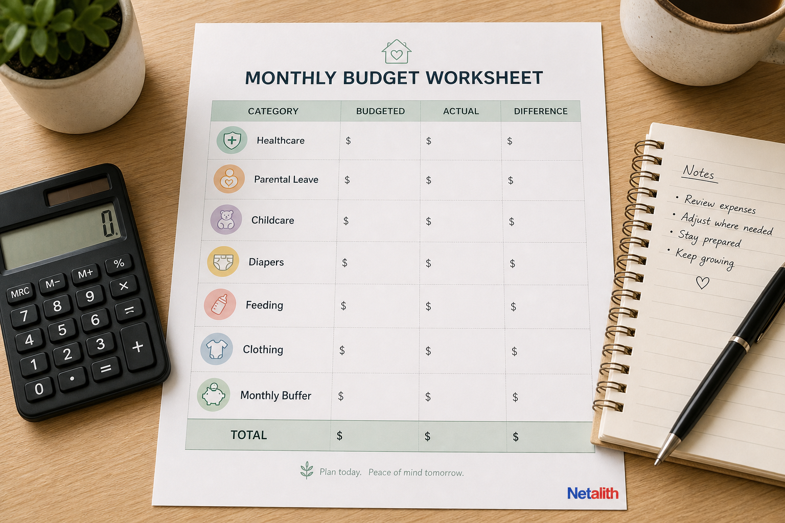 Baby budget worksheet showing medical, childcare, leave, and monthly baby expenses