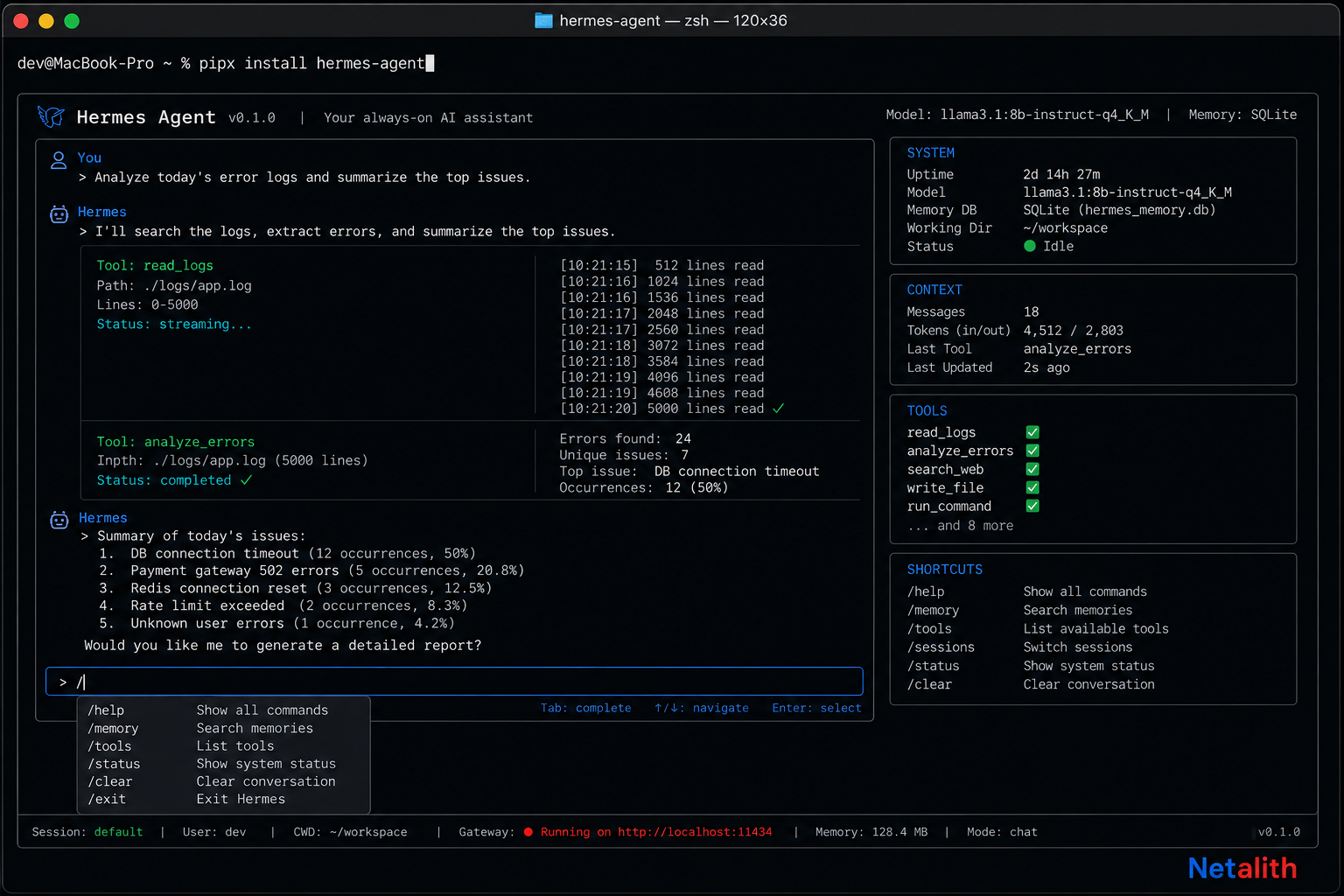 Terminal showing the Hermes Agent install command and its text-based interface running