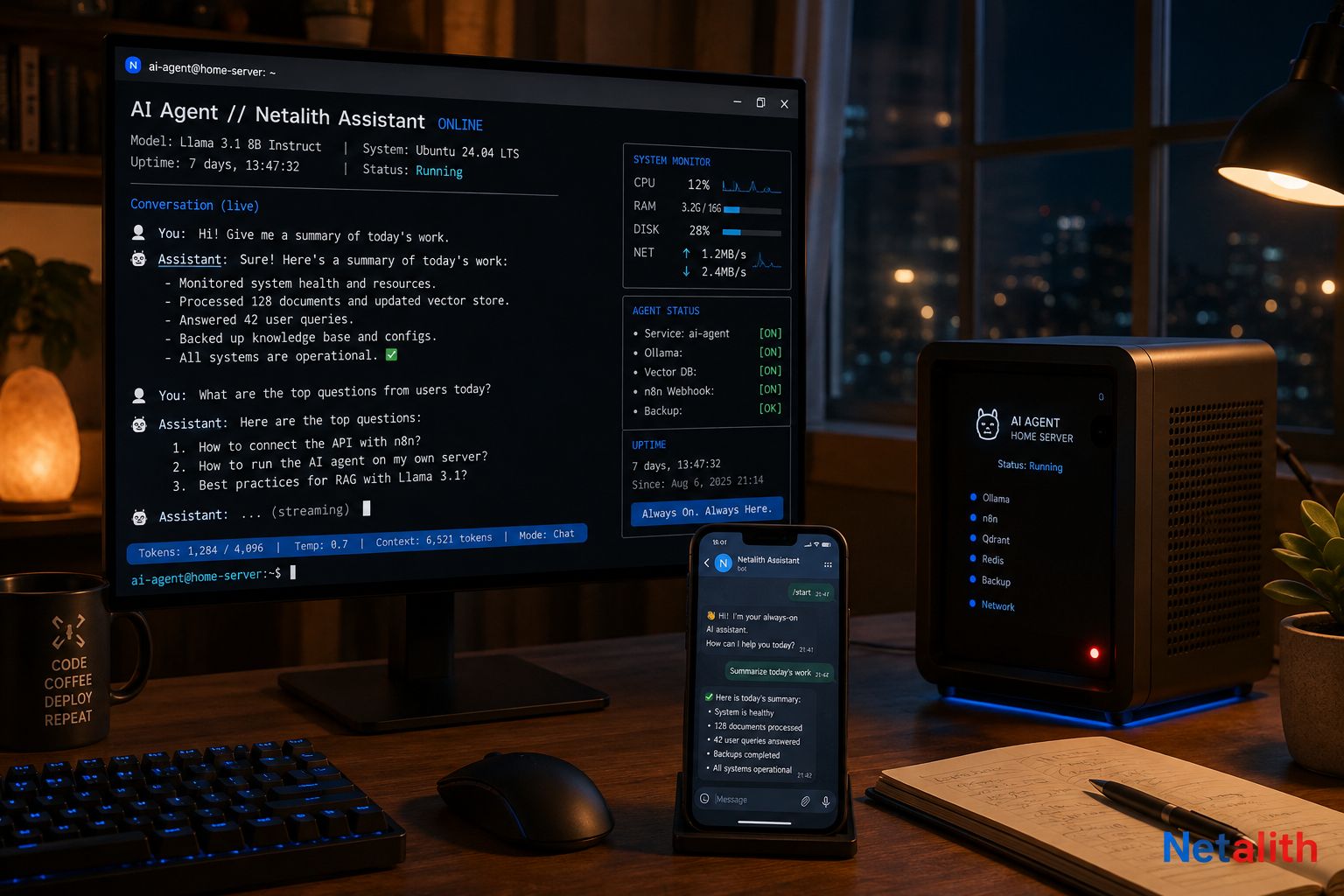 Hermes Agent by Nous Research running as a persistent self-hosted AI agent on a desk server and Telegram