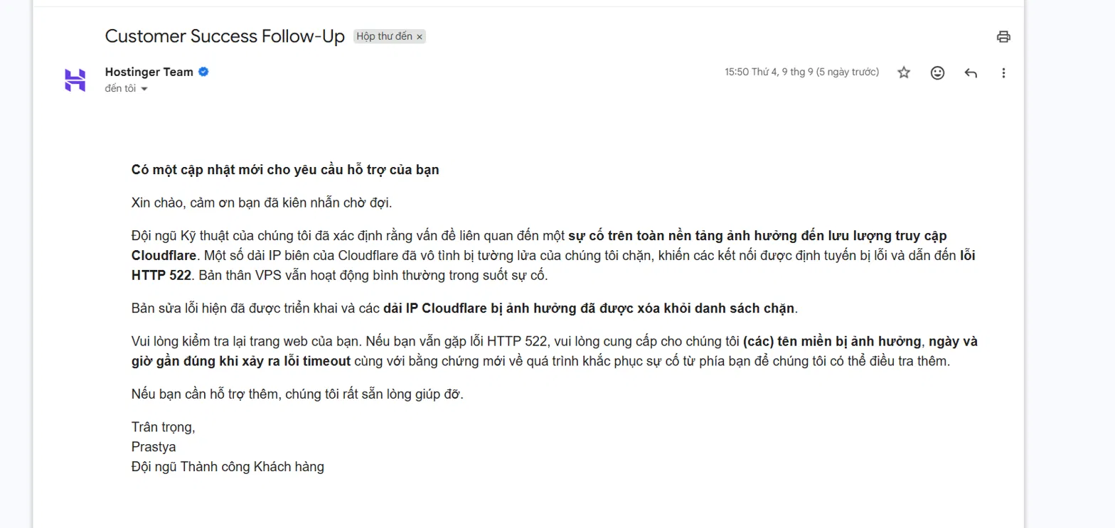 Email from the hosting provider confirming a platform-wide incident where Cloudflare edge IP ranges were blocked by their firewall, causing HTTP 522 errors