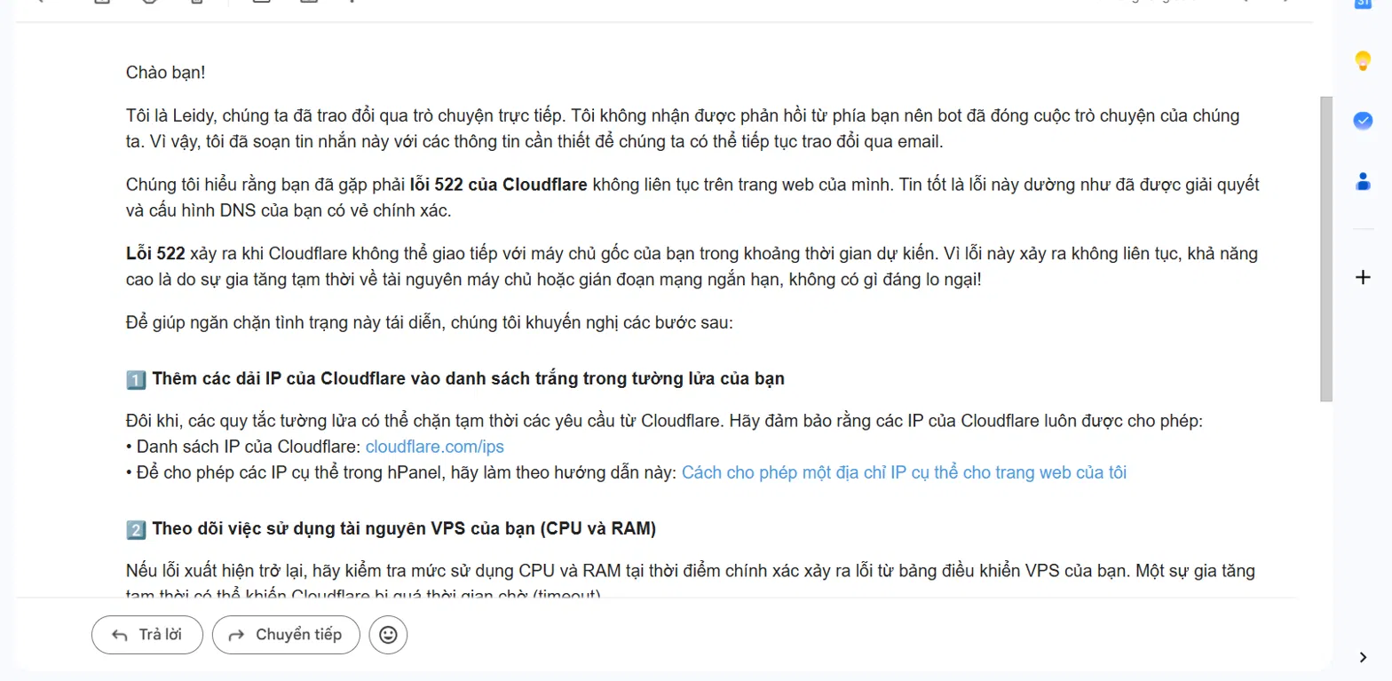 Hosting provider support email advising to whitelist Cloudflare IP ranges and monitor VPS CPU and RAM in response to the 522 error