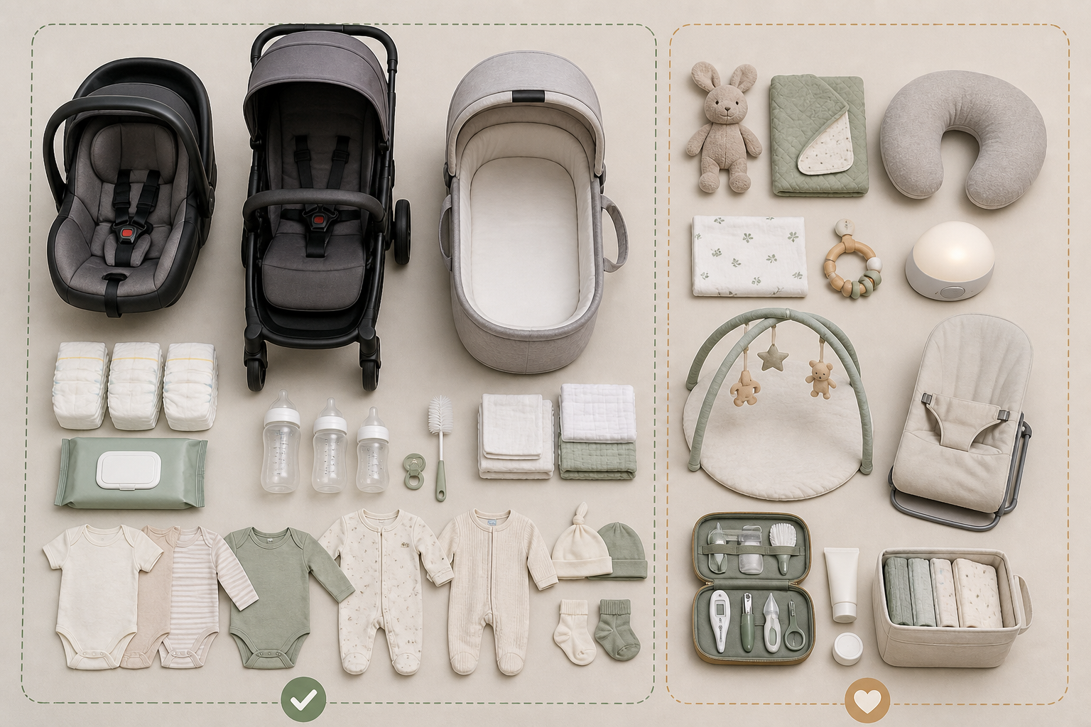 Newborn essentials and one-time baby gear including a car seat, stroller, bassinet, and nursery items