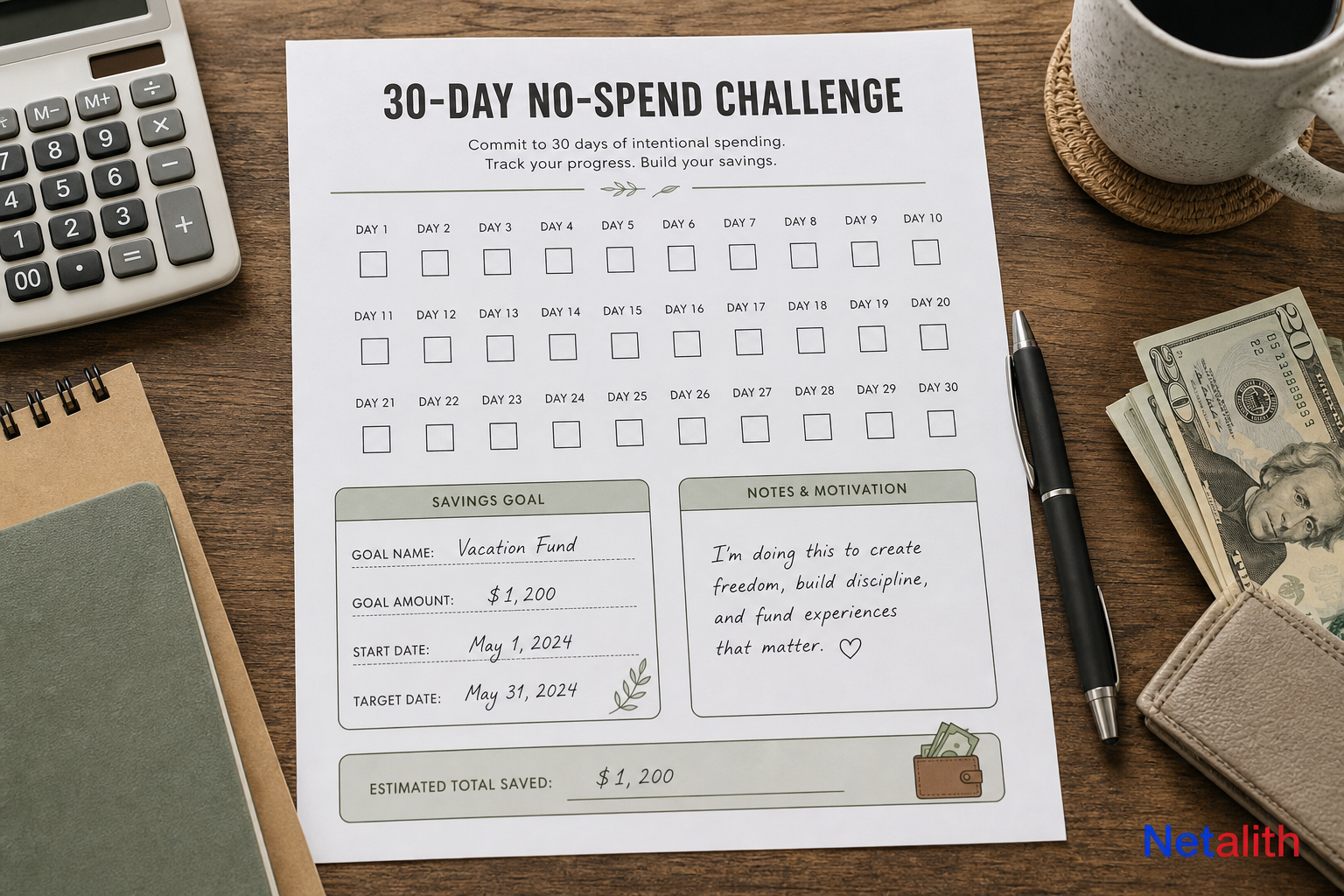 Printable no-spend challenge tracker showing daily spending-free checkboxes and a savings goal