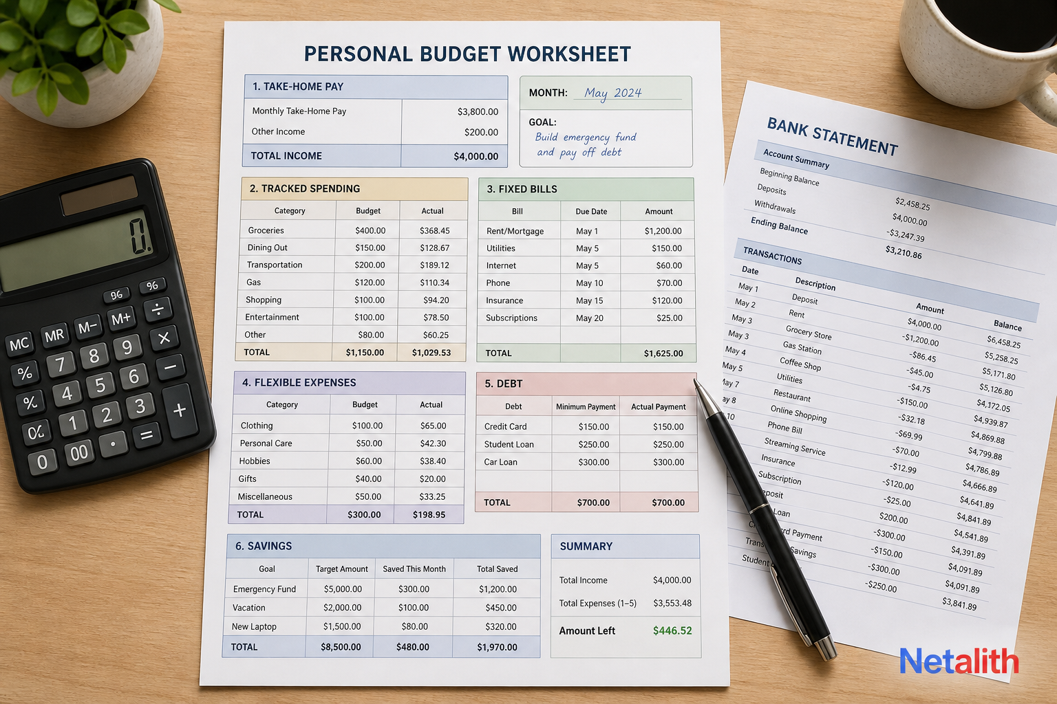 Zero-based budget worksheet showing take-home pay, tracked spending, bills, savings, and assigned categories