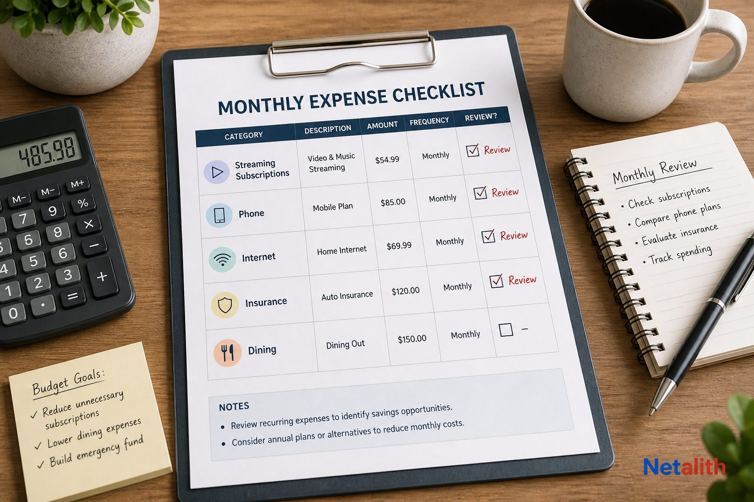Subscription audit and negotiable bill checklist used to reduce monthly expenses