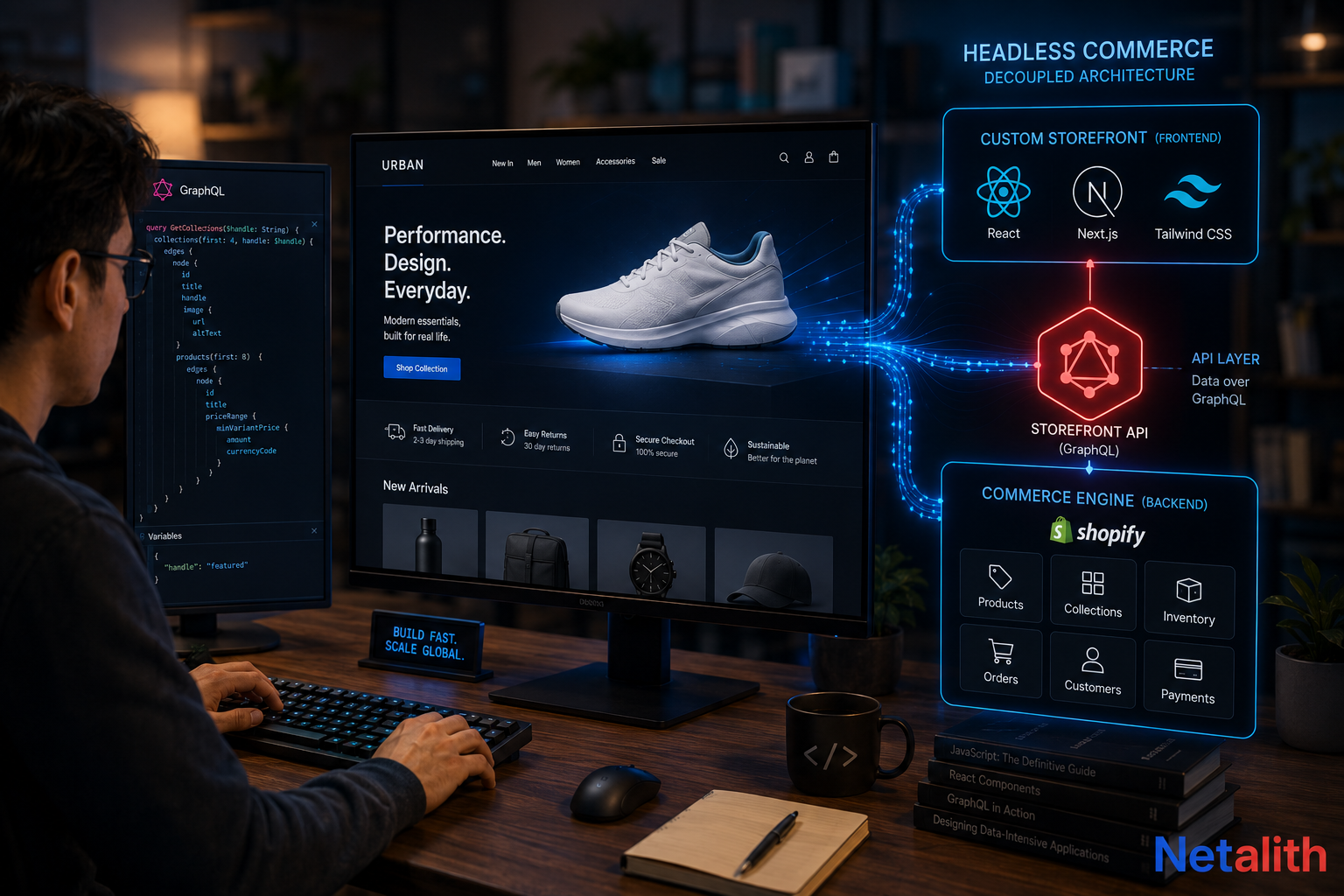 Headless Shopify commerce architecture with a custom storefront decoupled from the backend via an API layer