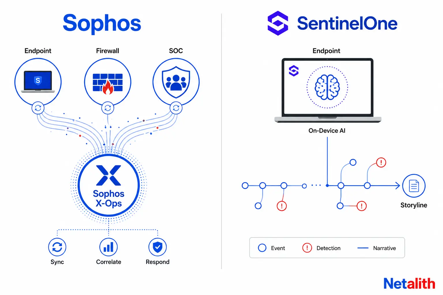 Diagram comparing Sophos's connected endpoint-firewall-MDR portfolio against SentinelOne's single autonomous on-agent AI architecture in the sophos vs sentinelone comparison