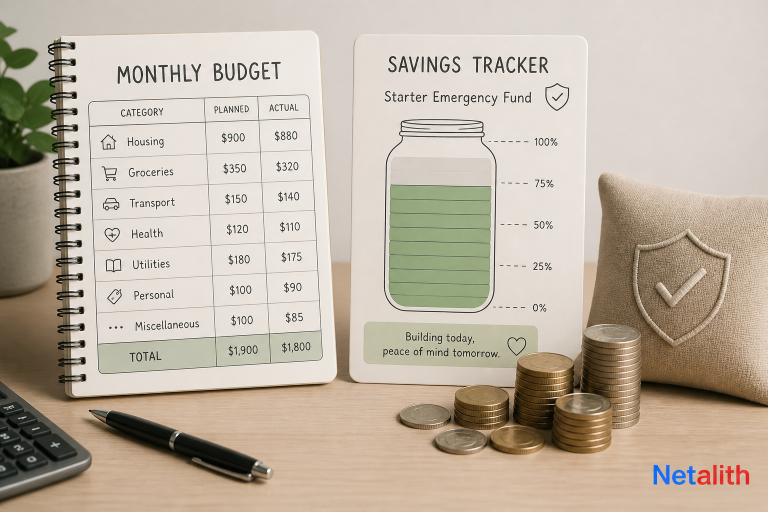 Step-by-step starter emergency fund savings plan beside a monthly budget