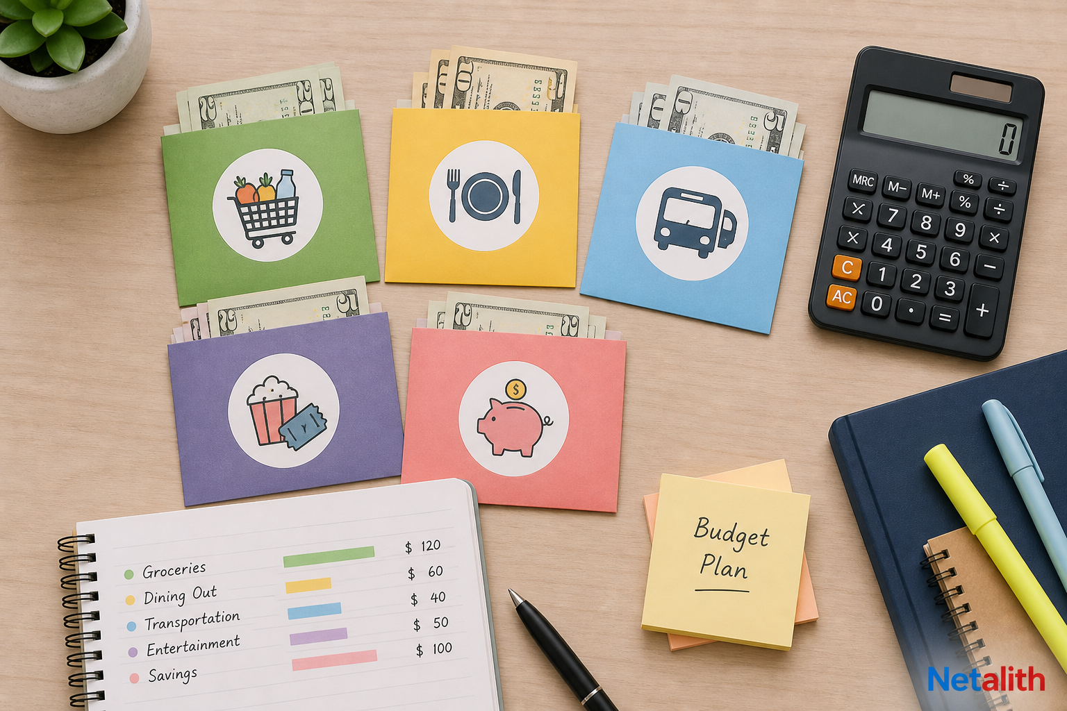 Envelope method budget showing monthly spending categories for a college student