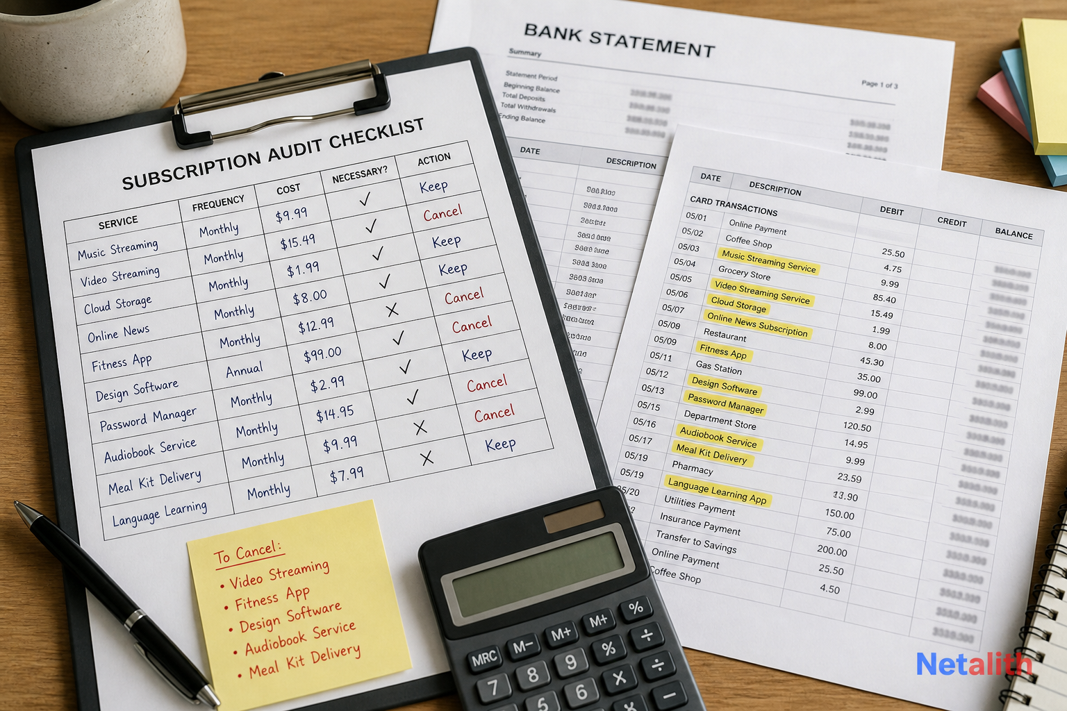 Subscription audit checklist beside bank statements and a monthly budget