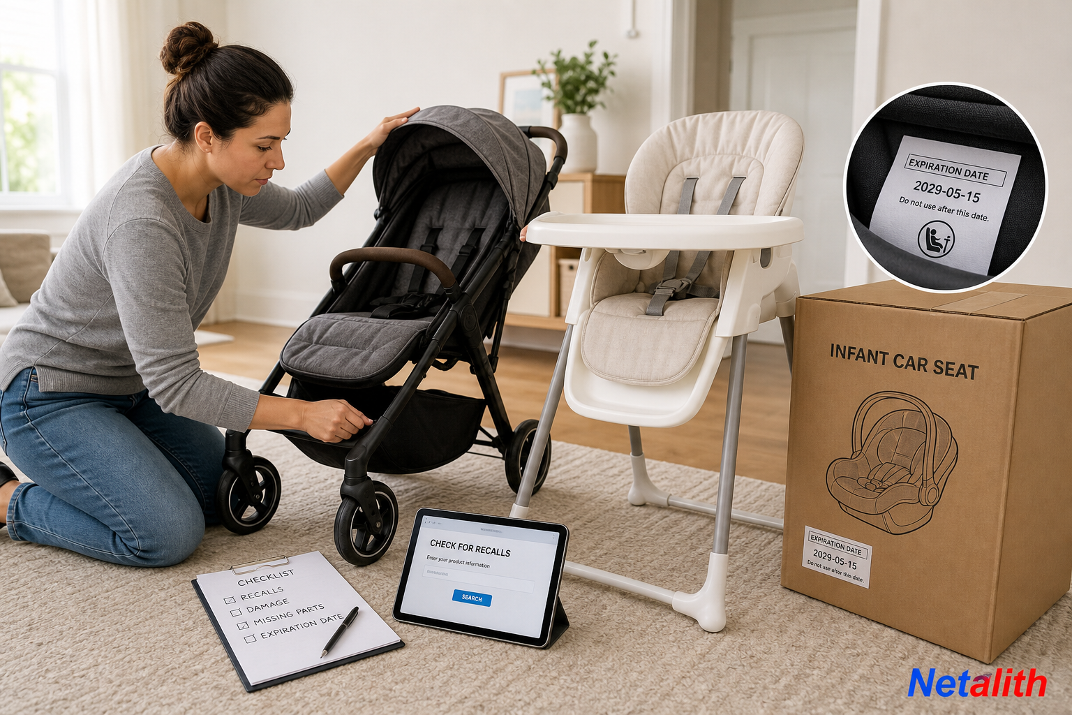 Parent inspecting used baby gear while choosing a new car seat