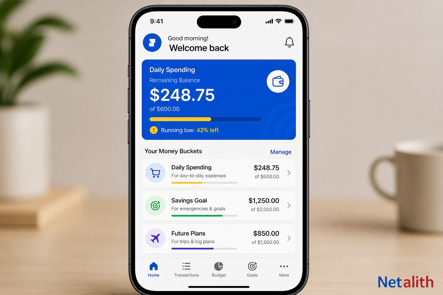 Banking app-style visual showing the remaining balance in an ADHD daily spending bucket