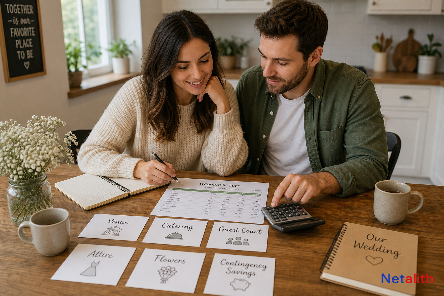 Couple reviewing wedding budget categories and adjusting spending caps on a calculator