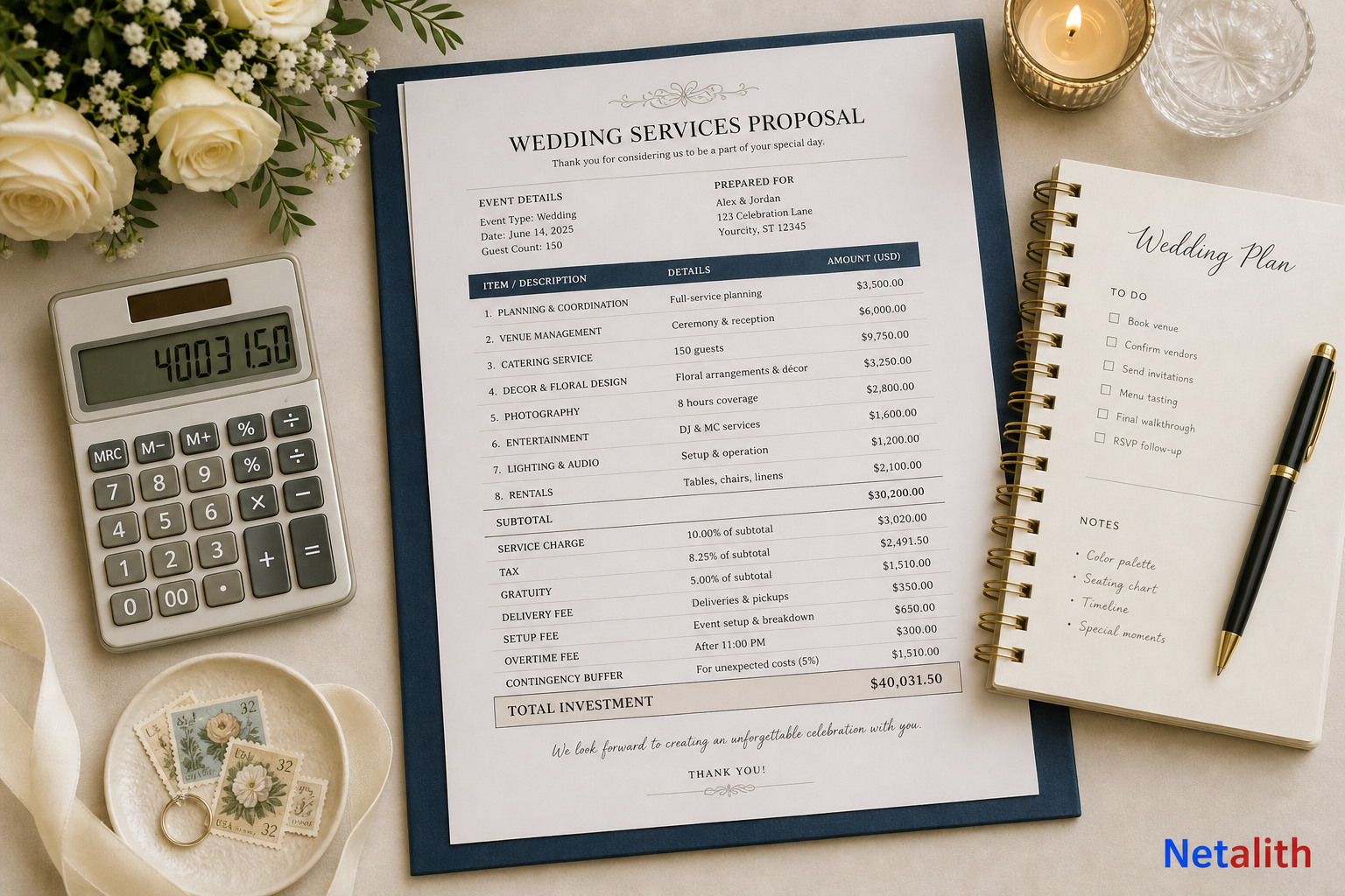 Itemized wedding vendor invoice showing service charges, taxes, gratuities, overtime, and contingency costs
