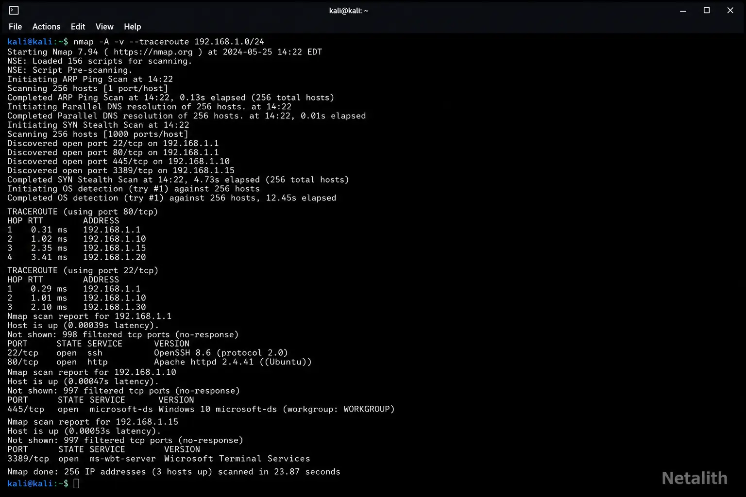 Terminal-style screenshot showing the nmap command with --traceroute and its output summary