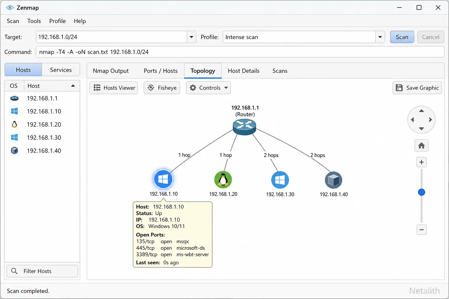 Zenmap topology view showing nodes and traceroute hops with highlighted host details