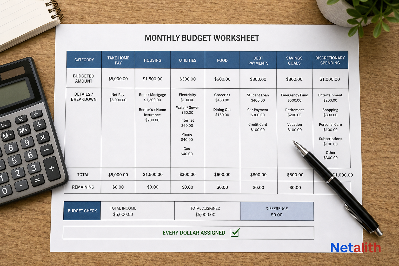 Zero-based budgeting worksheet assigning take-home pay to expenses, debt, savings, and discretionary spending