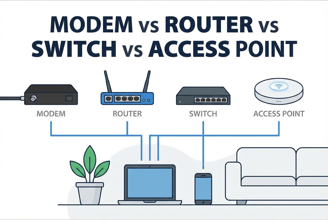 Modem vs Router vs Switch vs Access Point: Differences, Roles, and How They Fit in a Home Network