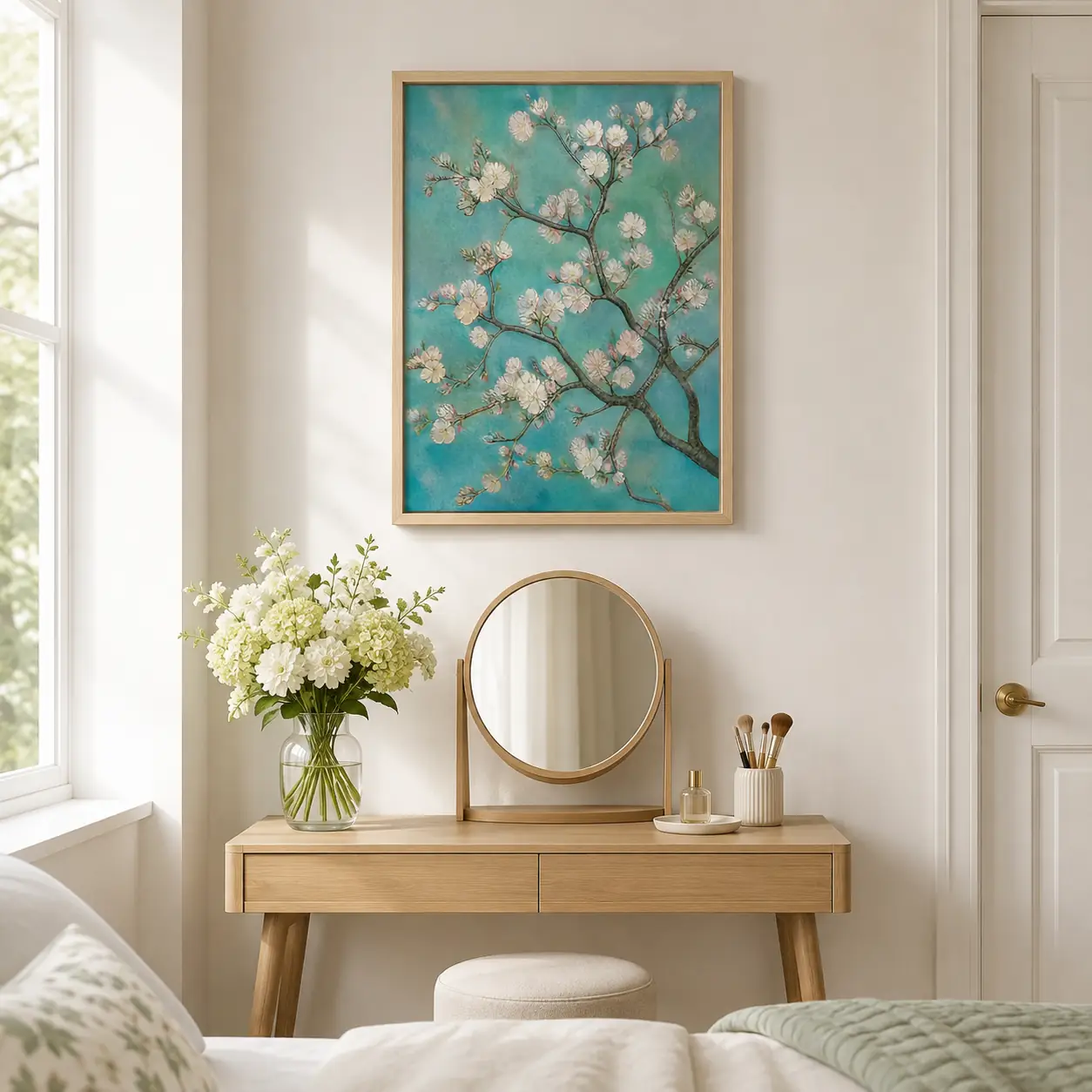 Blooming Almond Blossom Branch Wall Art | Soft Blue Printable Digital Download | Classic Japanese-Inspired Botanical Print