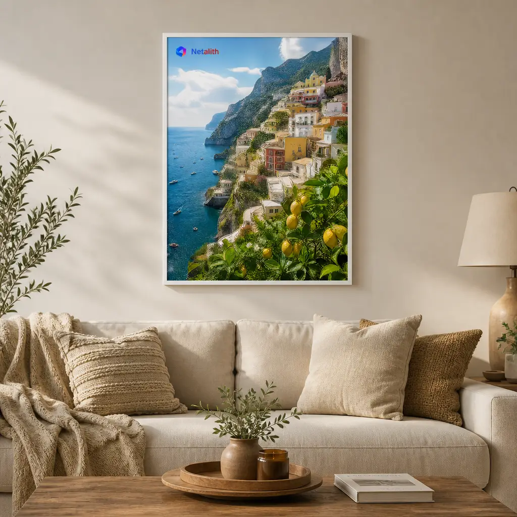 Amalfi Coast Mediterranean Bright Wall Art | Lemon And Blue Printable Digital Download | Travel Home Decor Print