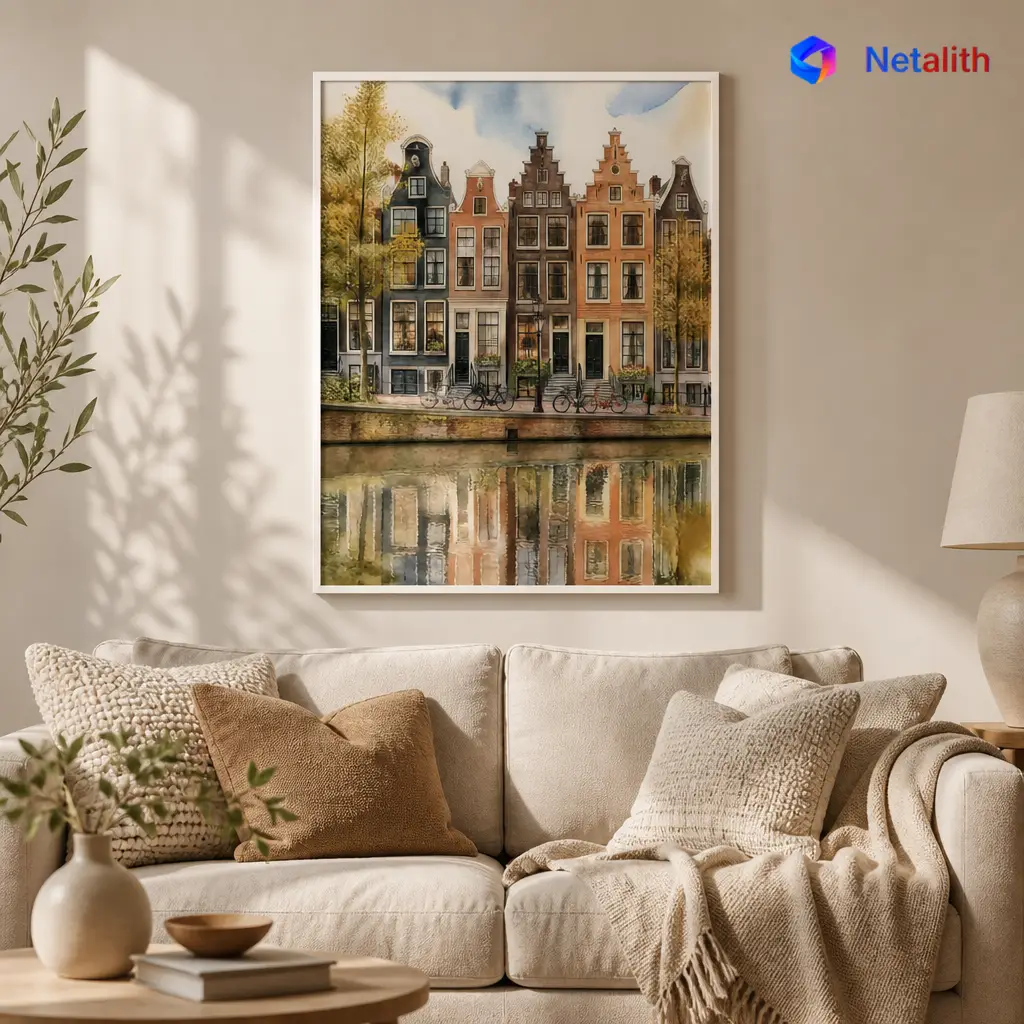 Amsterdam Canal Houses Travel Watercolor Wall Art | Warm Multicolor Printable Digital Download | Travel Home Decor Print