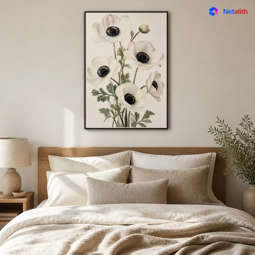 Anemone Flowers Fine Botanical Wall Art | White And Black Printable Digital Download | Botanical Home Decor Print