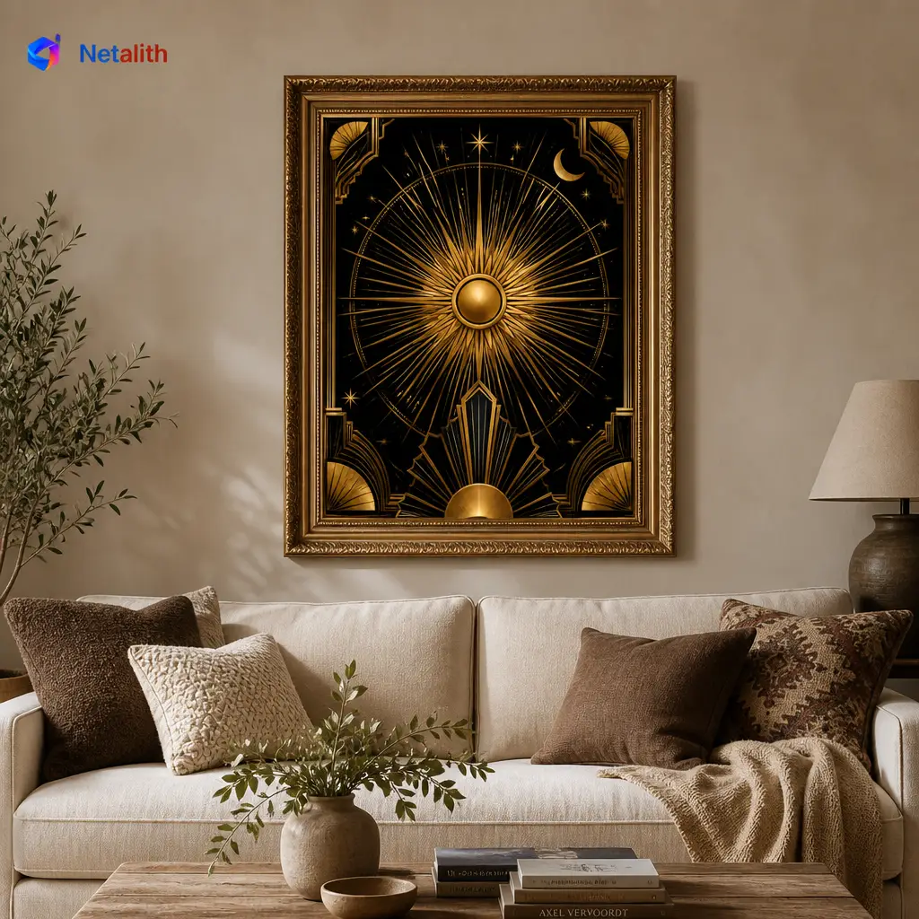 Art Deco Sunburst Art Deco Wall Art | Gold And Black Printable Digital Download | Celestial Home Decor Print