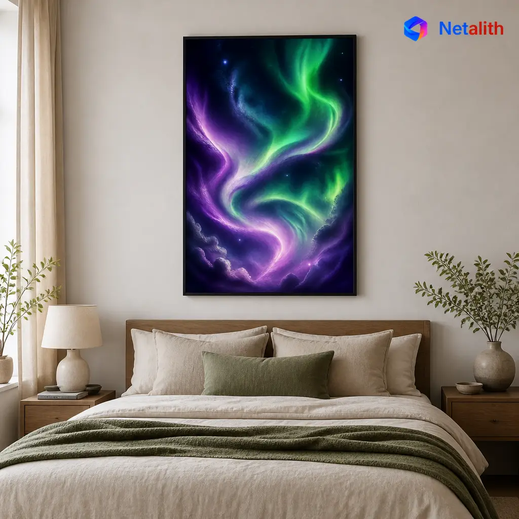 Aurora Night Sky Celestial Abstract Wall Art | Green And Violet Printable Digital Download | Celestial Home Decor Print