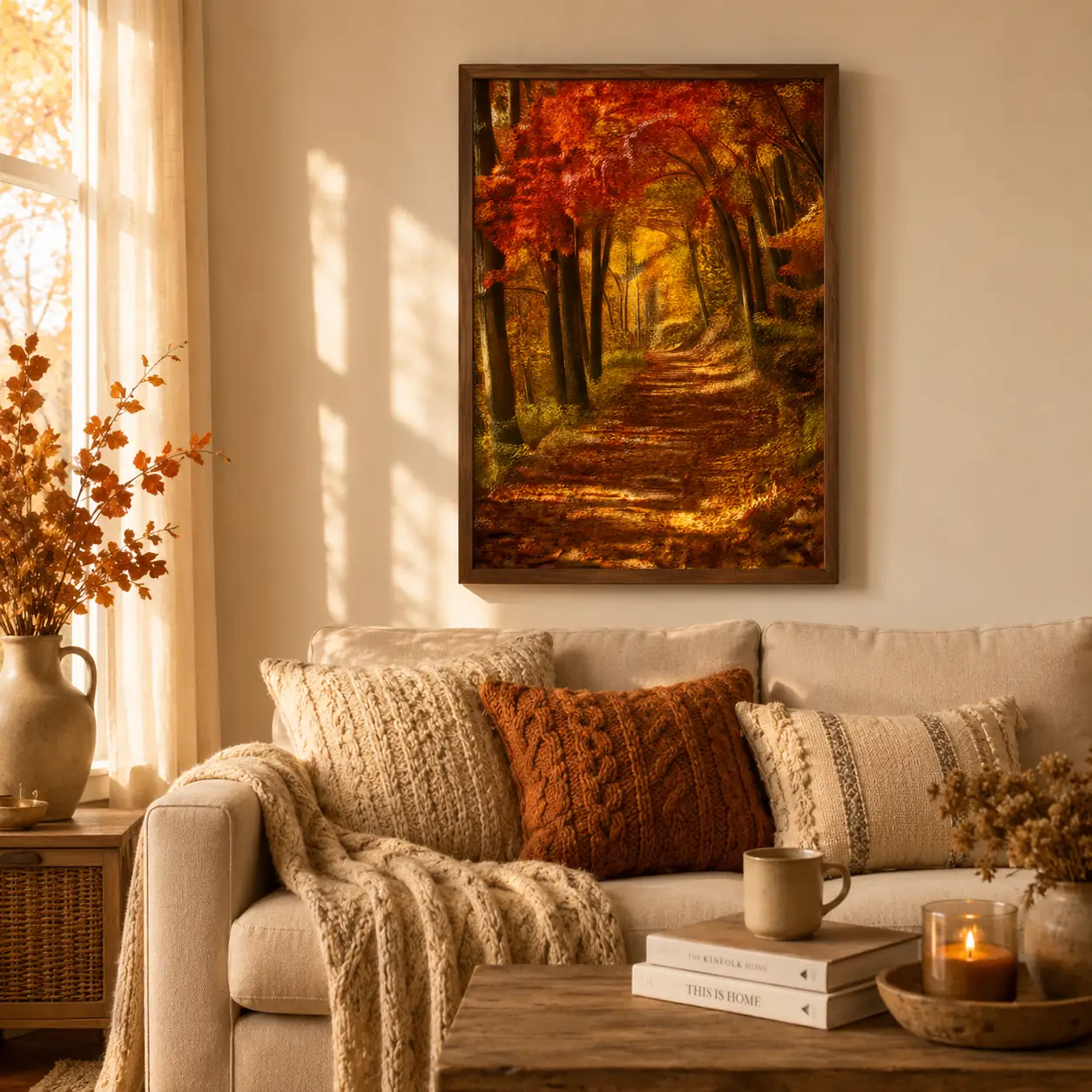 Autumn Maple Forest Path Wall Art | Warm Orange Printable Digital Download | Fall Landscape Home Decor Print
