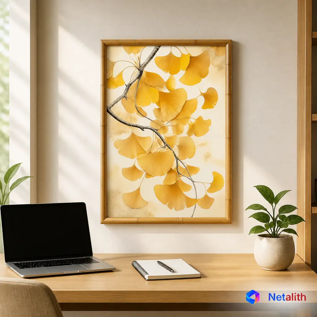Autumn Gingko Leaves Japanese Botanical Wall Art | Golden Yellow Printable Digital Download | Botanical Home Decor Print