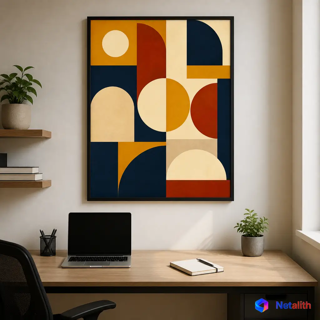 Bauhaus Geometric Retro Geometric Wall Art | Mustard And Navy Printable Digital Download | Modern Home Decor Print