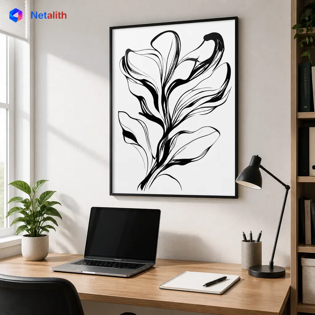 Black Ink Botanical Ink Line Art Wall Art | Black And White Printable Digital Download | Modern Home Decor Print