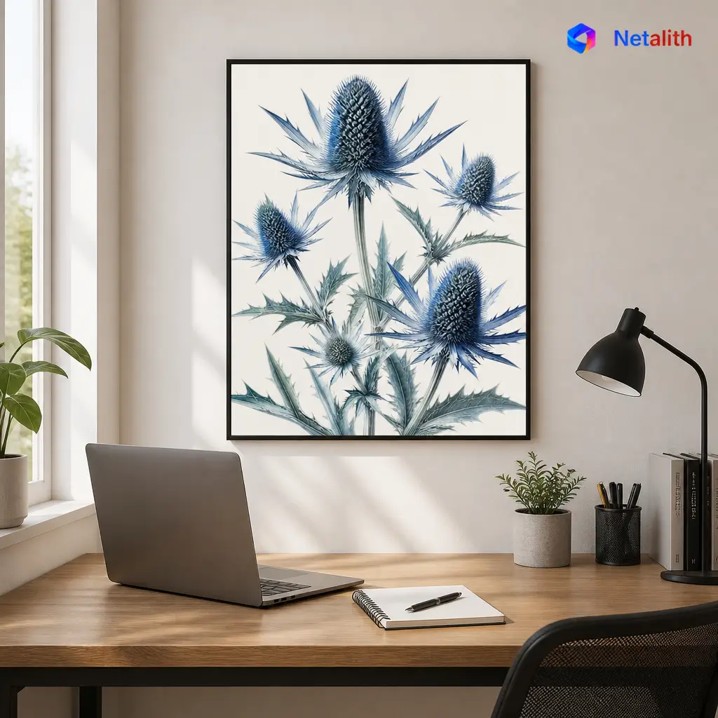 Blue Thistle Modern Botanical Wall Art | Steel Blue Printable Digital Download | Botanical Home Decor Print
