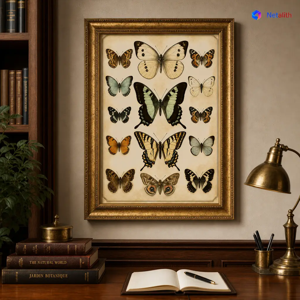 Botanical Butterfly Plate Antique Plate Wall Art | Muted Multicolor Printable Digital Download | Vintage Home Decor Print