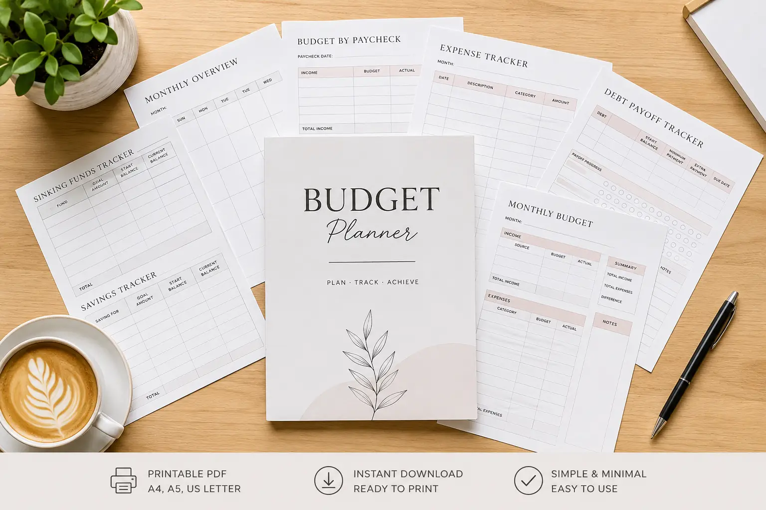 Printable Budget Planner Bundle | Minimalist Finance Journal PDF | Monthly Budget, Bill & Savings Tracker | A4 A5 US Letter Happy Planner
