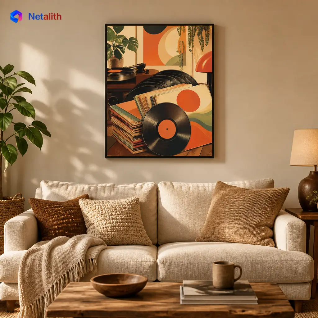 Classic Vinyl Records Retro Music Wall Art | Warm Orange Printable Digital Download | Vintage Home Decor Print